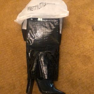 Black Patent Croc Fold Over Knee Black Heeled Boots